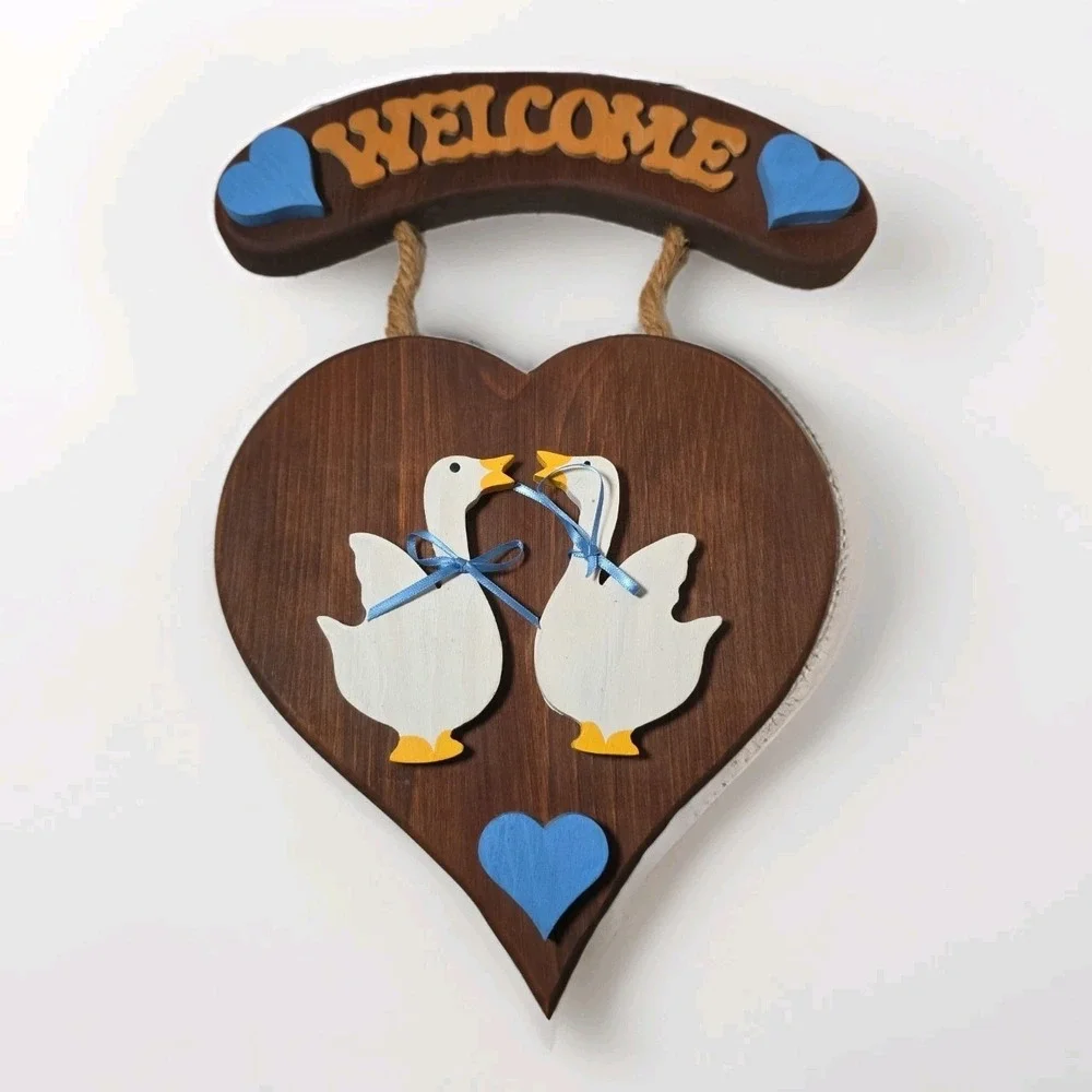 VTG Welcome Geese Plaque Vintage Heart Wall Decor Door Hanger Cottagecore Ribbon